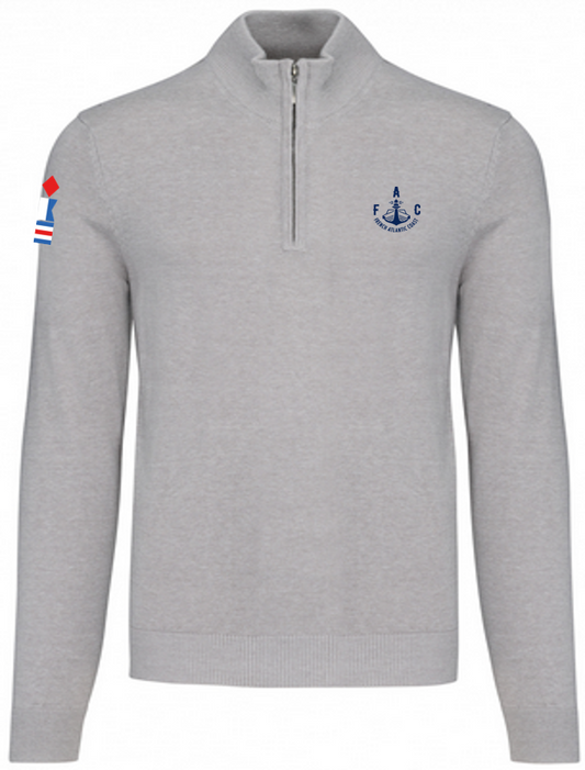 Pull zip gris chiné broderie bleue marine