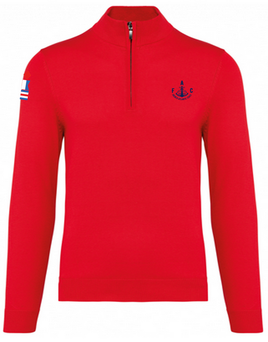 Pull zip rouge broderie bleue marine